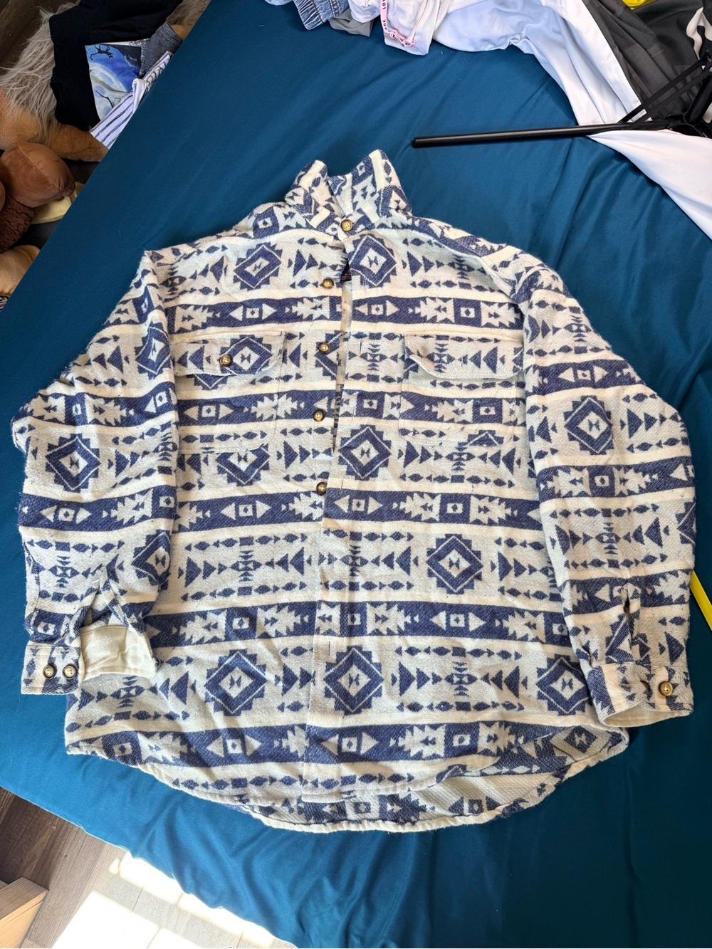 Men's Blue and Cream Patterned Button-Up Dress Shirt